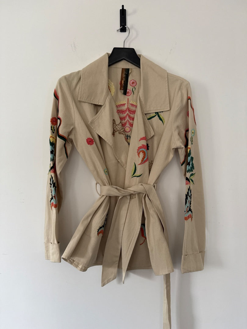 Estrella Taupe Embroidered belted jacket, Size small