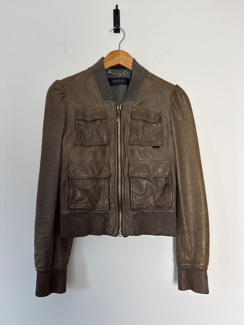 gucci Khaki Vintage leather jacket, Size 42