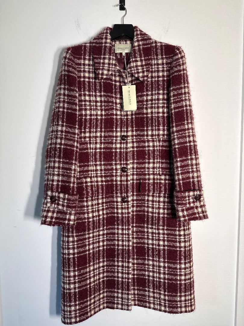 Really Wild London Burgundy Plaid coat, Size 14