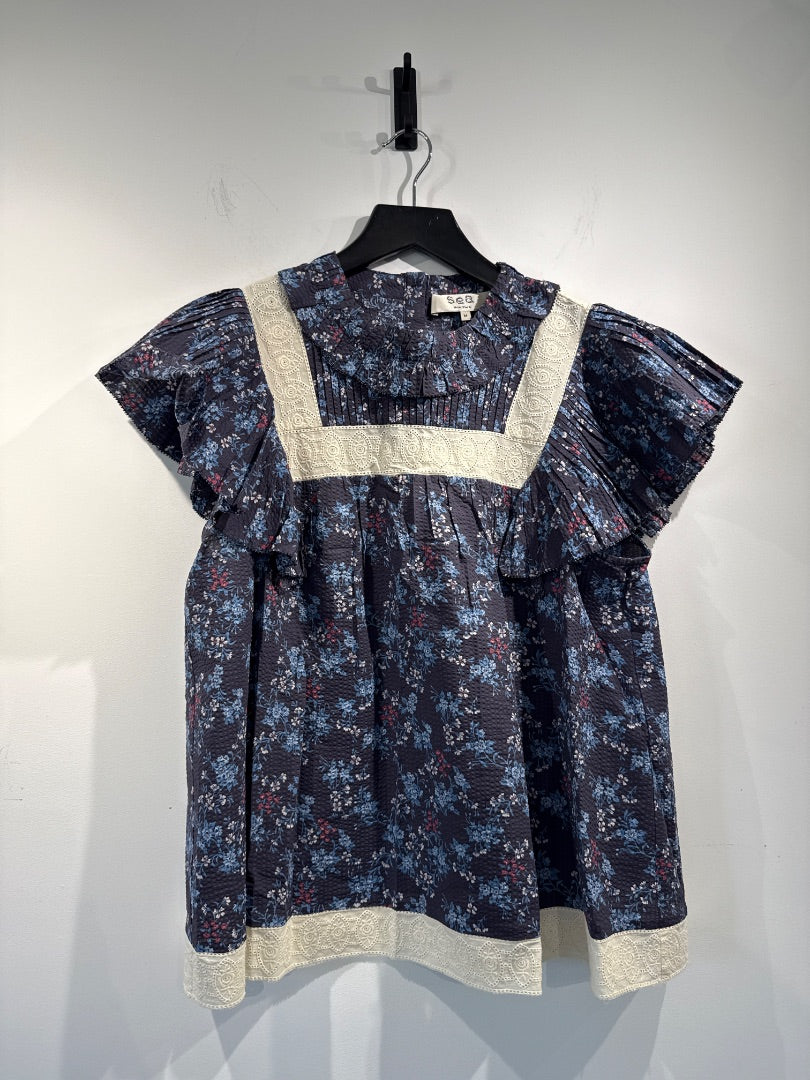 Sea New York Blue Floral Plisse sleeve top, Size M